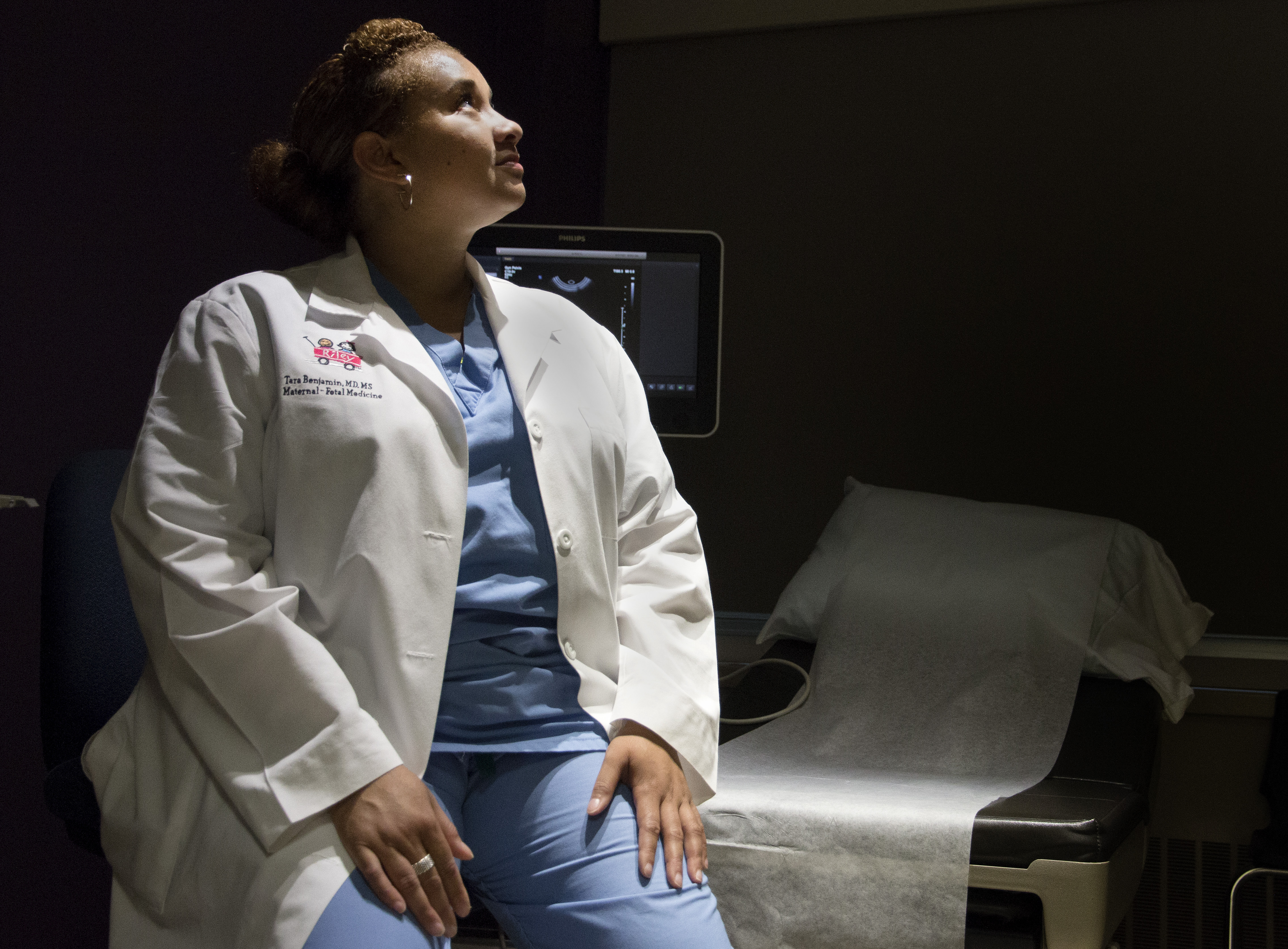 Dr. Tara Benjamin in an exam room at the prenatal clinic at IU Health University Hospital.